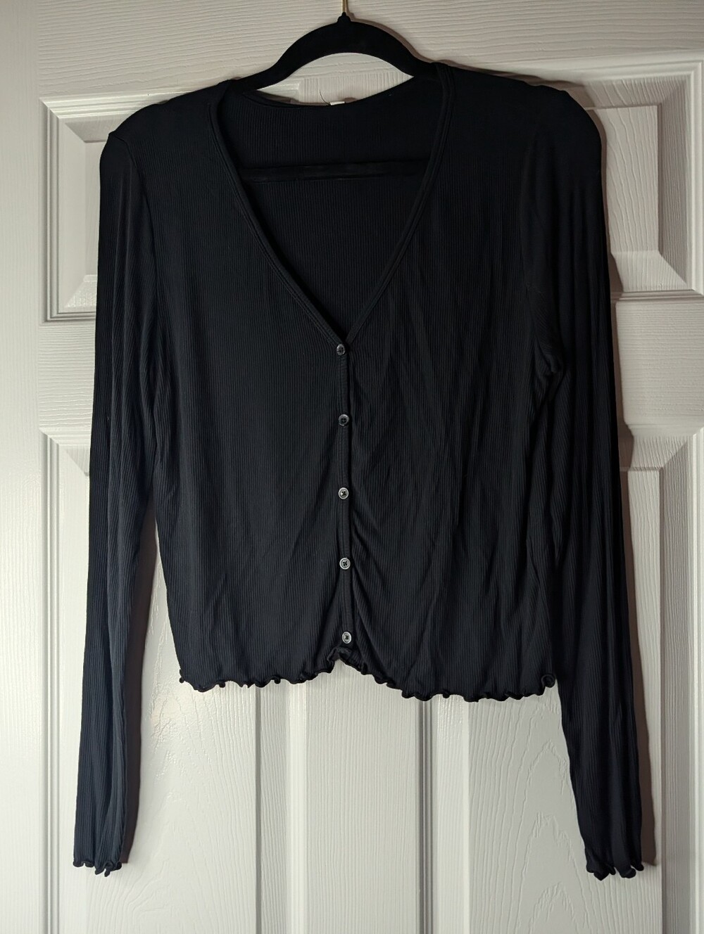 Black Ribbed Button Front Cardigan Top Long Sleeve Lettuce Hem Y2K